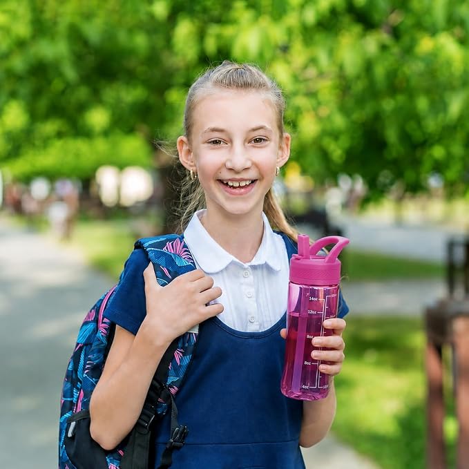 14oz Clear Kids Water Bottle with Straw Lid, BPA-Free Tritan, Measurement Scale, Sturdy Handle Wide Mouth Leak-proof Reusable Plastic Bottle for Boy& Girls, Back to School(Rose)