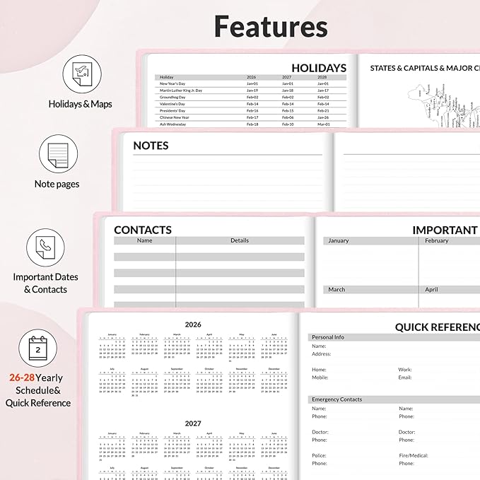 SUNEE 2026-2027 Weekly & Monthly Hardcover Planner 5.5" x 8.3" - 12 Month (July 2026 - June 2027), Small Academic Year Calendar Planner, Pocket, Notes, 100 GSM Paper, Pink