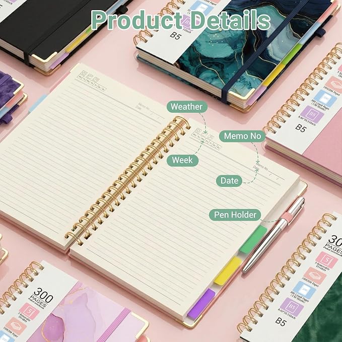 Hardcover Spiral Journal Notebook, 300 Pages 5 Subject Notebook College Ruled with Removable Dividers Tabs, 8" x 10" Notebooks for Work, Spiral Ruled Lined Writing Journal Hardcover Leather Notebook for School (Lemons and Flowers, 8''x 10'')
