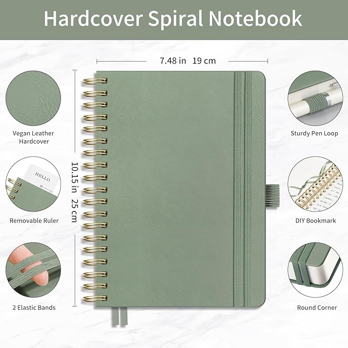 EMSHOI B5 College Ruled Spiral Notebook, Thick 300 Numbered Pages, 100GSM Ink-Proof PU Leather Hardcover Lay-Flat Lined Journal for Work Office School Writing, 7.48"x10.15", Light Green