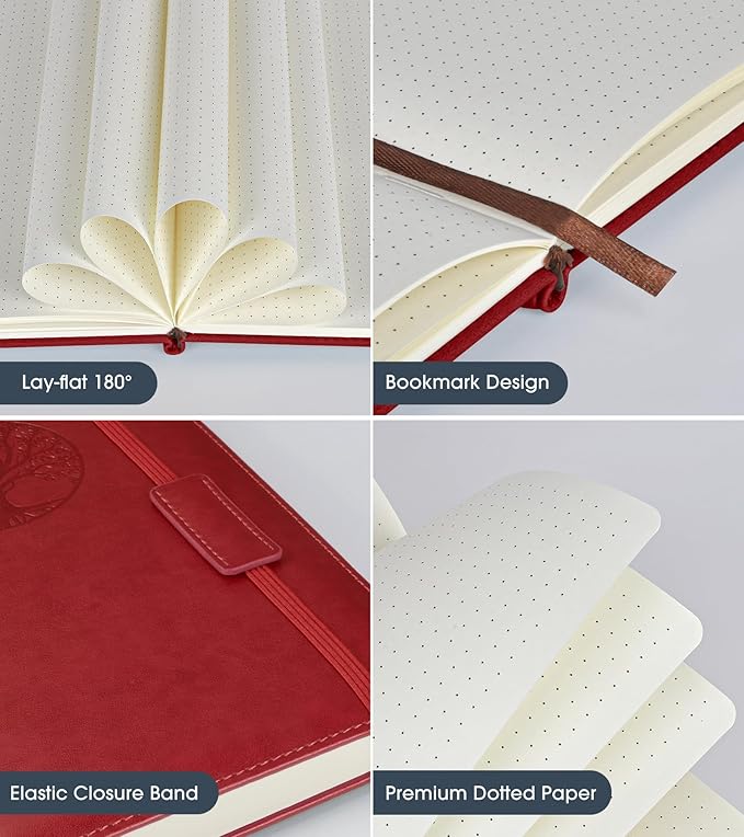 Biuwory Dotted Journal Notebook for Women Men, 140 Pages Hardcover Dot Grid Notebooks for Work, School & Travel, Leather Journals for Writing, Bullet Journaling 5.7"×8.3" (Winered)