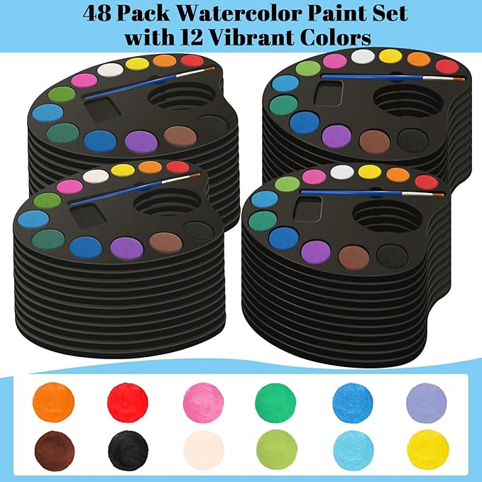 OSIMIG 48 Pack Watercolor Paint Set Bulk, with 12 Vibrant Colors and 48 Brushes, Washable Water Color Paint Sets for Adults, Valentines Day Gifts for Kid, Valentines Party Favors, School Classroom Supplies