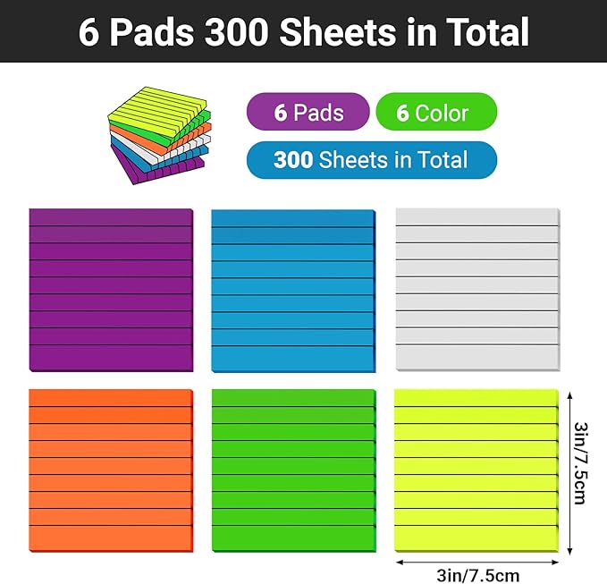 EUSOAR Translucent Sticky Notes, 300 Sheets 3x3 Inch PET Lined Sticky Notes Tabs for Folders Neon 6 Colors, Translucent Bible Page Flags Stickers Note Pads for Book Annotation Making to-do Lists