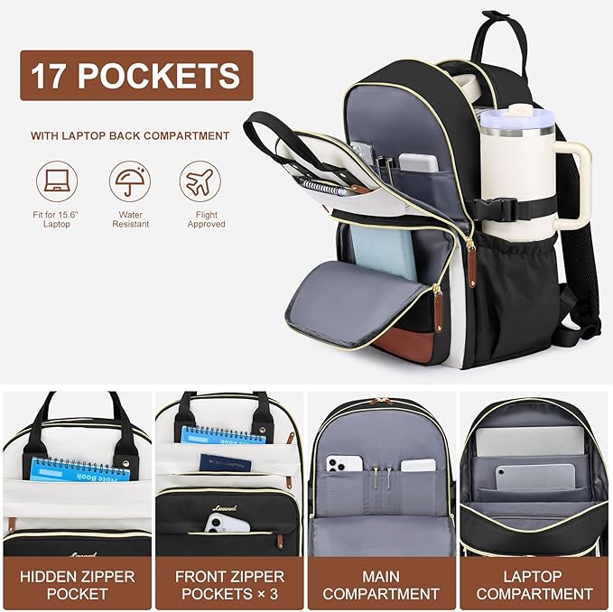Laptop Backpack for Women Bag: 17 inch Backpacks with Pouch Pocket for Large Capacity Cup Travel Waterproof Bookbag Anti-theft College Casual Work Book Bags for Teacher Nurse Black Beige