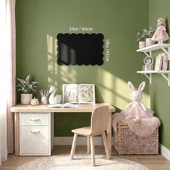 Scalloped Bulletin Board, 24x18 Scalloped Felt Bulletin Board, 2' x 1.5' Foldable Picture Display with 20 Pins & 5 Cute Decors - Black