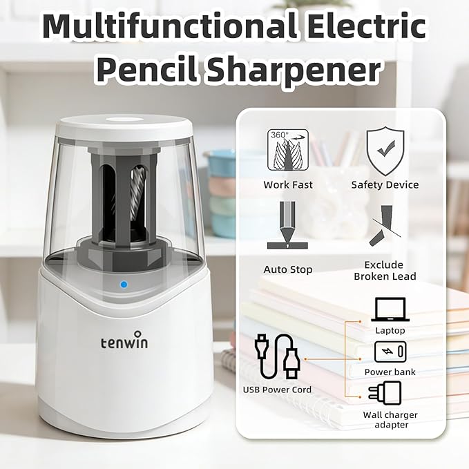 tenwin Rechargeable Pencil Sharpener for No.2 & Colored 6-8mm Pencils, Heavy Duty Electric Pencil Sharpener, Durable Helical Blade for Fast Sharpen, Home/School/Art Studio (White)