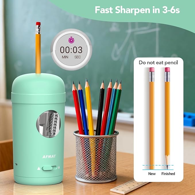 AFMAT Electric Pencil Sharpener, Fully Automatic Pencil Sharpener for 7-8mm Pencils & Colored Pencils, Auto in & Out, Rechargeable Vertical Hands-Free Sharpeners for Classroom/Home/Office PSX7(Green)