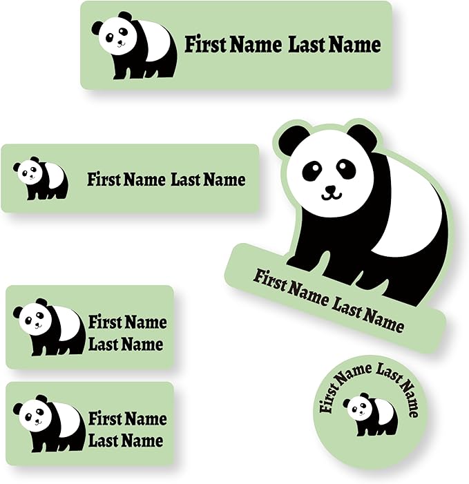 Personalized Kids Name Labels – Waterproof Custom Stickers for Daycare & School, Dishwasher & Laundry Safe (Panda - Green)