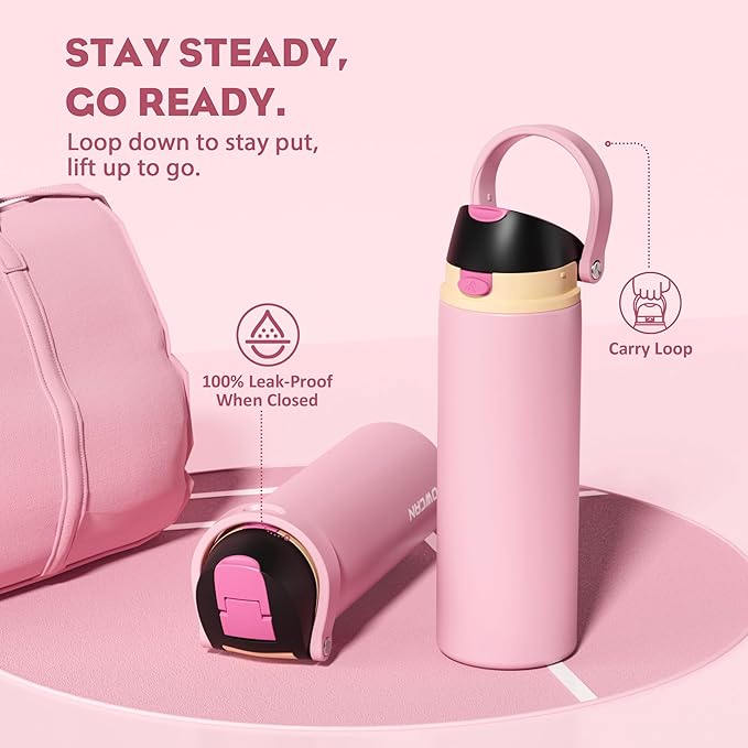 POWCAN 24 oz Insulated Water Bottle for Women: 2-in-1 Push-Button Spout & Quick-Flip Straw, Leakproof, Cold 24Hrs, Fits Car Cup Holder, Stainless Steel Cup for Sports, Camping, Gift (Polka Whimsy)