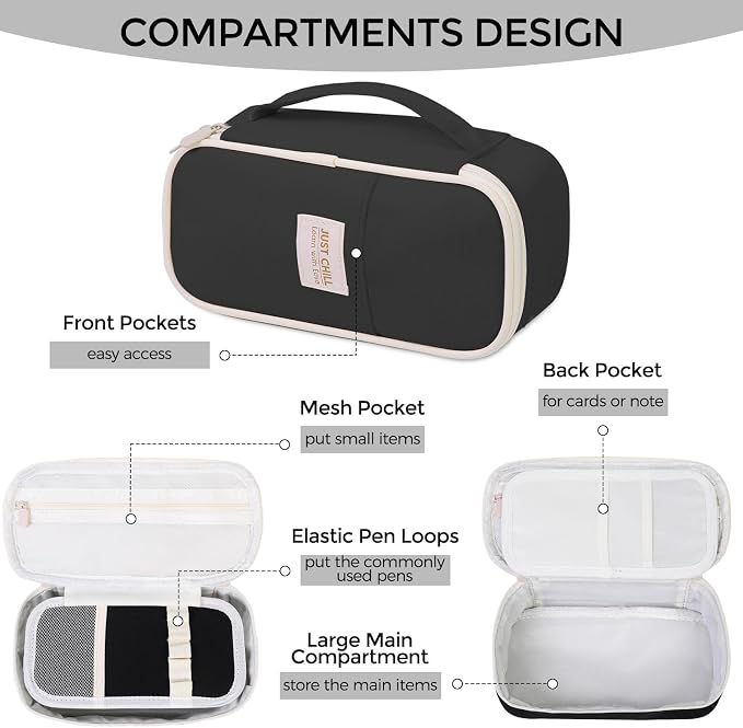 SKYDUE Black Pencil Case for Girls & Boys – Large Capacity Zippered Pencil Pouch with Multi-Compartment, Aesthetic Pencil Bag for School & Office Supplies