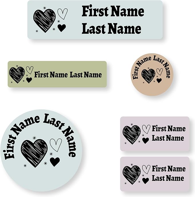 Personalized Kids Name Labels – Waterproof Custom Stickers for Daycare & School, Dishwasher & Laundry Safe (Heart-3)