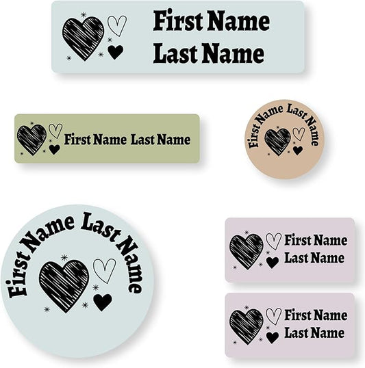 Personalized Kids Name Labels – Waterproof Custom Stickers for Daycare & School, Dishwasher & Laundry Safe (Heart-3)