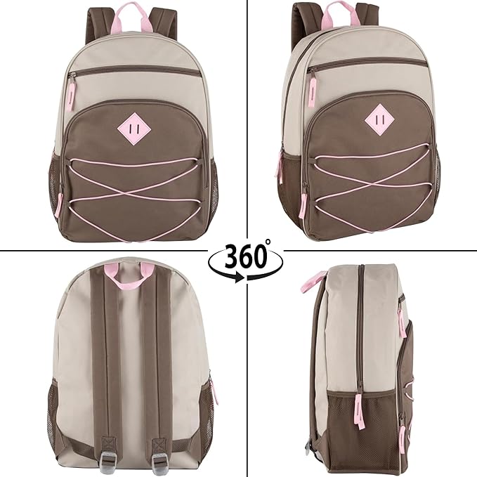 Summit Ridge Boys and Girls School Backpacks with Bungee Cord Front | 17” Multi Pocket Backpack for Kids, Teens, Adults, Travel (Khaki/Brown)