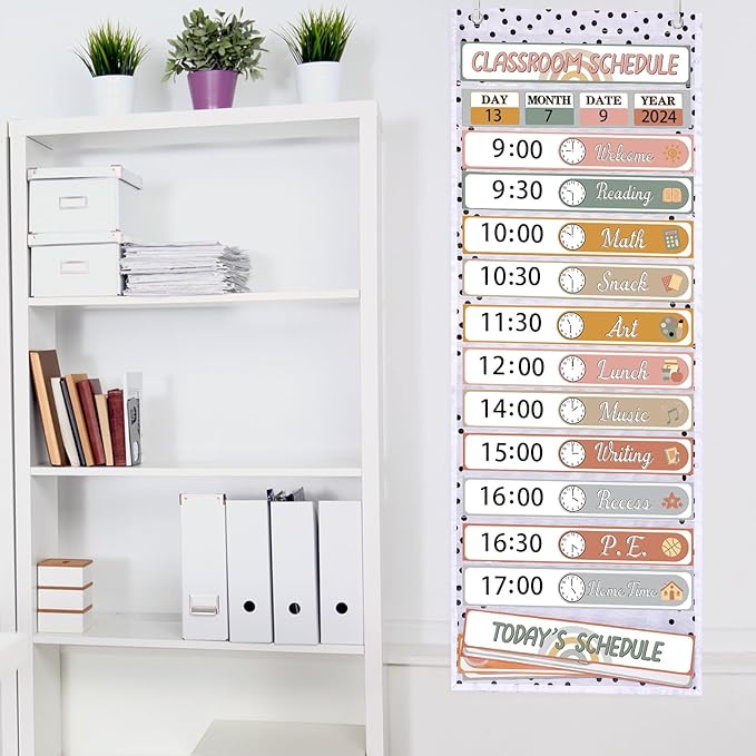 MotiMind Daily Schedule Pocket Chart for Classroom, Calendar Pocket Chart 13+1 Pockets, 21 Reusable Cards for Classroom School 13" x 36" (Soft Color,Boho)