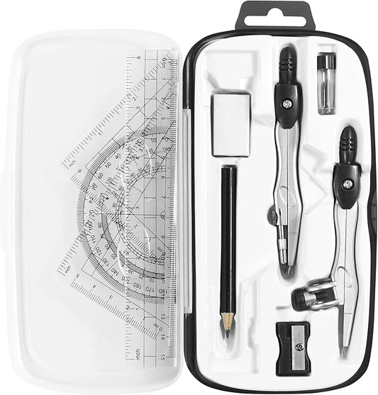 Unjoo Math Geometry Kit Sets 10 Piece Student Supplies with Shatterproof Storage Box,Includes Rulers,Protractor,Compass,Eraser,Pencil Sharpener,Lead Refills,Pencil,for Drafting and Drawings（Black）