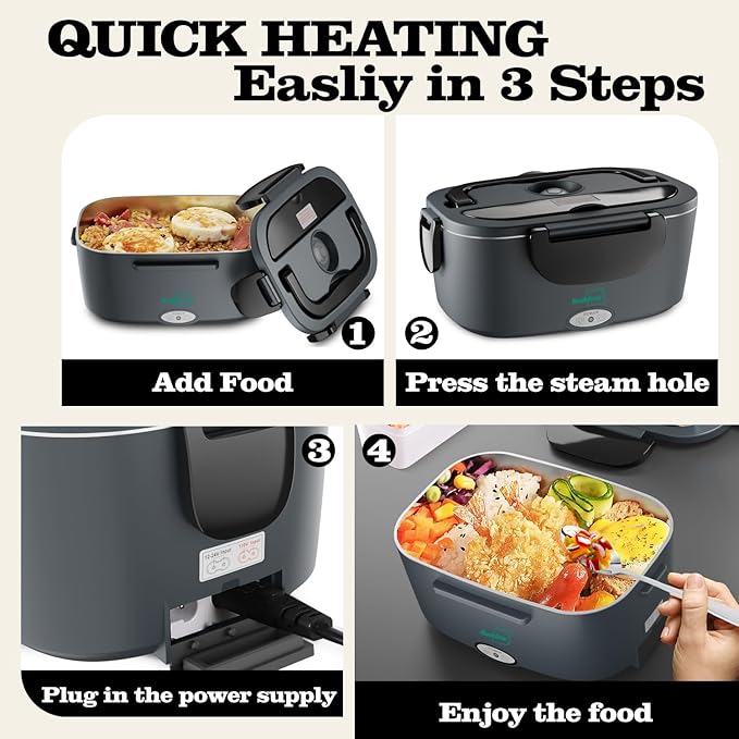 Buddew Electric Heated Lunch Box, 80W Fast Heating, 1.5L Food-Grade 304 Stainless Steel, 12V/24V/110V Portable Food Warmer for Car Truck Office Adults, Lonchera Electrica Portatil (Gray+Black)