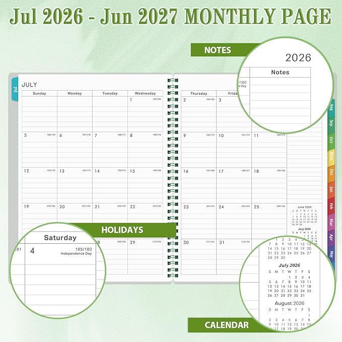 Academic Planner 2026-2027 - Planner 2026-2027, July 2026 - June 2027, 8" x 10", 26-27 Planner Weekly and Monthly with Colorful Tabs, Twin-wire Binding, Inner Pocket - Green