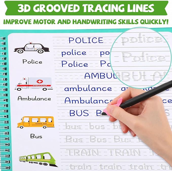 Magic Grooved Writing Practice Books for Kids 3-10, Large Reusable Handwriting Workbooks with Disappearing Ink, 3D Tracing Book Toy Gifts for Kindergarten Summer Workbook Preschool Learning Activities