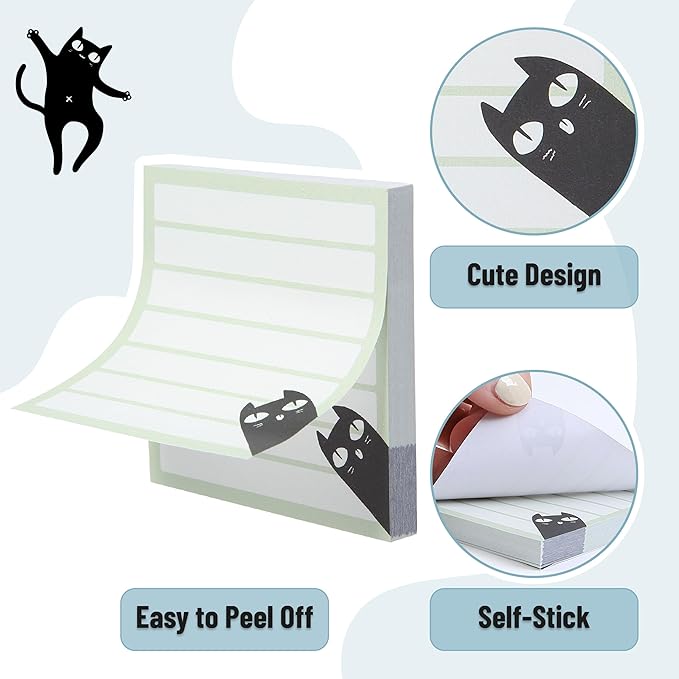 Mr. Pen- Black Cat Sticky Notes Set, 3" x 3", 6 Pads, 480 Sheets, Black Cat Sticky Notes, Memo Pads, Self-Stick Note Pad for Office, School, Home, Study & Organization