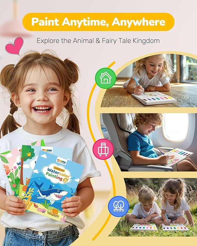 TECJOE 3 Pack Paint with Water Coloring Books for Toddlers, Mess Free Watercolor Painting Set with 6 Brushes, Travel Art Craft Activities Toys Birthday Gifts for Kids Ages 3-8, Traffic, Sea & Dinosaur