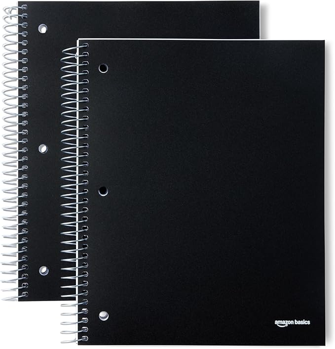 Amazon Basics Wide College Ruled 3-Subject Notebook, 150 Sheets, 8.5" x 10.5", Black, 2-Pack
