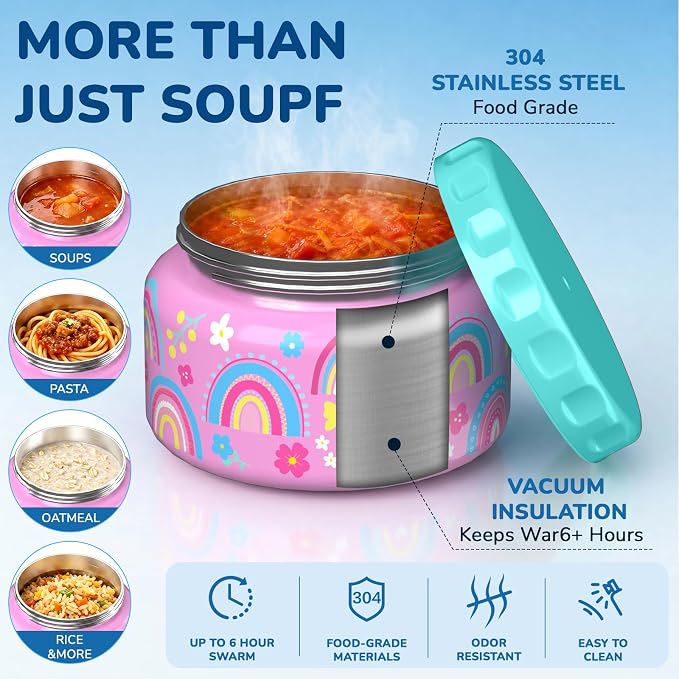 Bento Lunch Box for Kids–3 Compartment Leak Proof Insulated Lunch Container | Unicorn Design Lunch Box-With 12oz Stainless Steel Food Soup Jar & Built-in Ice Pack Bento Box for Boys Girls School Travel