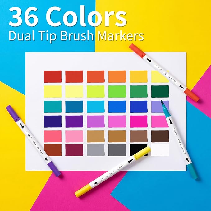36 Dual-Tip Brush Pens for Adult Coloring Books – Tanmit Art Markers With Brush + Fine Precision Tips for Calligraphy, Planners, Journaling, Note Taking & More