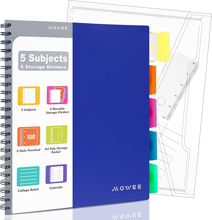 Spiral Notebook - 5 Subject Notebook, College Ruled Notebook 3-Hole Punched With Dividers, Storage Pockets, 11" Ruler, 100 Sheets of 200 Pages, for Writing Journal, Home &Office, School