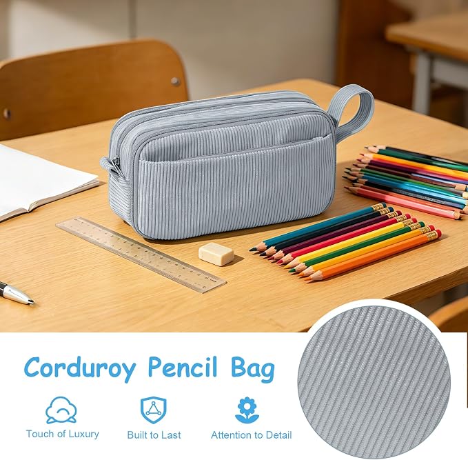 BuyCard Grey Corduroy Pencil Case, Large Capacity Zipper Pouch, Gray, Casual Style, Supplies Organizer for Teen Girls and Boys
