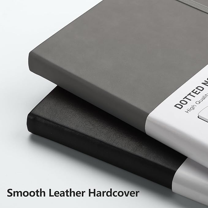 RETTACY Dotted Journal Notebook, 192 Pages, A5 Medium Size (5.7'' x 8.3''), Leather Hardcover, 100 GSM Thick Paper, for Journaling, Planning, Tracking (Gray)