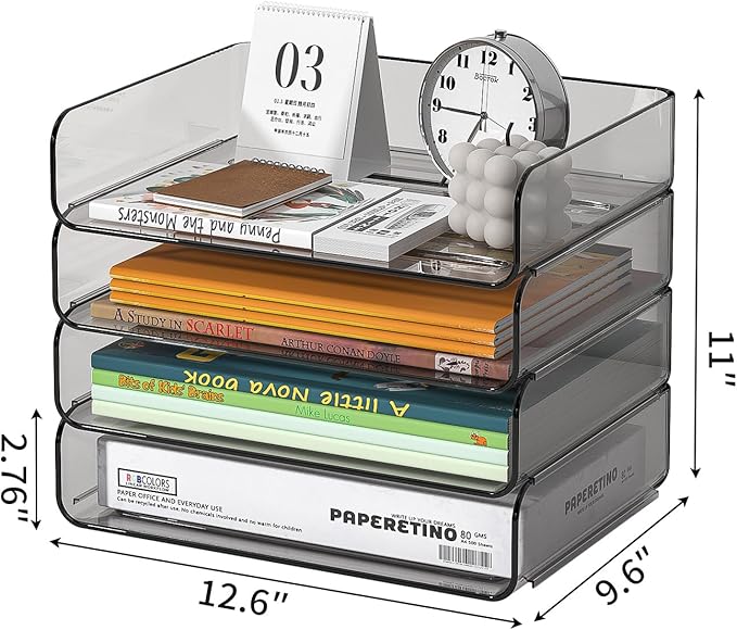 FANXIYQ 4-Tier Horizontal Acrylic Paper Tray Organizer | Clear Stackable Desk Organizer for Documents, Letters, A4 Paper | Modern Office/Classroom/Home Organization,Brown