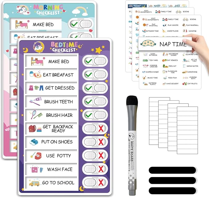 Upgraded 2 in 1 Bedtime/Morning Routine Chart - Magnetic Chore Chart, Cute Visual Schedule Board, Dry Erase Checklist for Kids & Toddlers