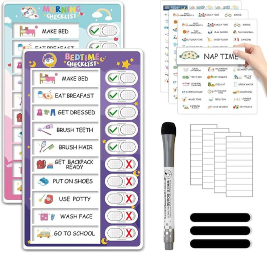 Upgraded 2 in 1 Bedtime/Morning Routine Chart - Magnetic Chore Chart, Cute Visual Schedule Board, Dry Erase Checklist for Kids & Toddlers