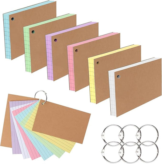 JUNART 300 PCS Index Cards, 6 Colours × 50 Sheets Kraft Cover Sturdy and Long-lasting, With 6 Key Binder Rings for Easy Carrying, Suitable for Study and Office Use