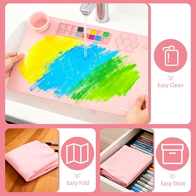 Silicone Painting Mat for Table Protection, 23.6 x 15.8in Drawing Mat with Nylon Brushes for Children, Art Mats with Cleaning Cup, Paint Palette, Clay Craft Mats for DIY (Pink)