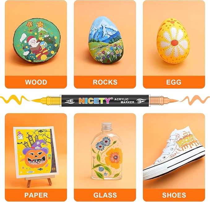NICETY 144 Colors Acrylic Paint Markers – 72 Pack Dual Tip Acrylic Paint Pens with Brush Tip, Water-Based Quick-Dry Non-Bleed Paint Markers for Rock, Wood, Glass, Ceramic, Fabric, and Canvas