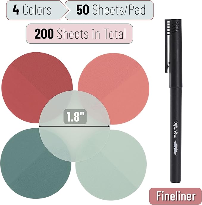 Mr. Pen- Round Transparent Sticky Notes, 1.8”, 4 Pads with Black Fineliner, 200 Sheets, Smooth Writing, Water-Resistant, Clean Removal, Easy-Peel Sticky Notes for Bible Journaling & Planning