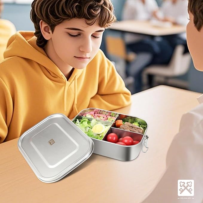 GOLDEN KEY Stainless Steel Lunch Box for Adults,Thickened Metal Bento Box with 4 Compartments, 40oz Large Capacity, Leak-Proof & Eco-Friendly Metal Food Container for Office, Meal Prep & Travel