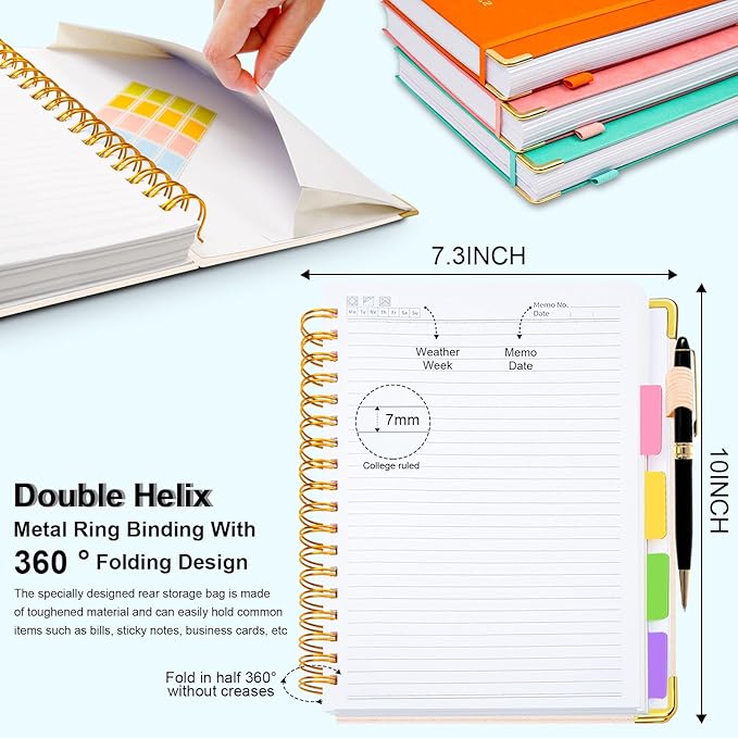 Hardcover Spiral Notebook 8"x10" Journal Notebook with Tabs and Removable Dividers 300 Pages 5 Subject Notebook College Ruled, Faux Leather Spiral Bound Notebook for Women School Work (White)