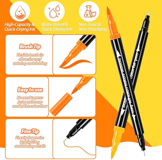 120 Colors Markers, Dual Fine & Brush Tip Coloring Markers Set, Watercolor Marker Pens, Art Drawing Supplies Marker Kit for Calligraphy, Coloring Book, Artist Adults Colors Illustrations, DIY Crafts