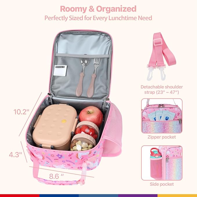 Bagseri Kids Lunch Bag with Shoulder Strap - Insulated Crossbody Girls Lunch Box for School & Travel, Reusable Large Meal Tote with Bottle Holder, Fits Bento Box, Pink Unicorn