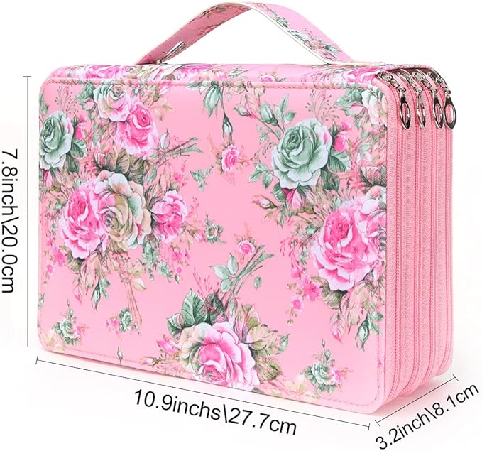 Vomgomfom 200 Slots Pencil Bag, 4-Layer Zipper Portable Art Supply Organizer, PU Leather Large Capacity Colored Pencil Case with Handle for 200 Watercolor Pens, Gel Pens (Pink Rose)