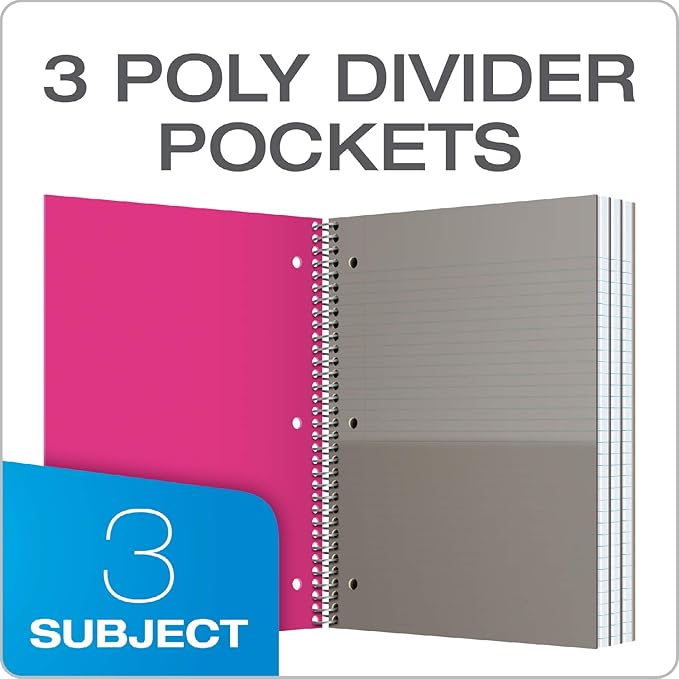 Oxford 3 Subject Notebook, Wirebound, 11" x 9", Assorted Covers (No Color Choice), 150 Sheets, College Ruled, Perforated, Poly Cover (10586) (Pack of 9)