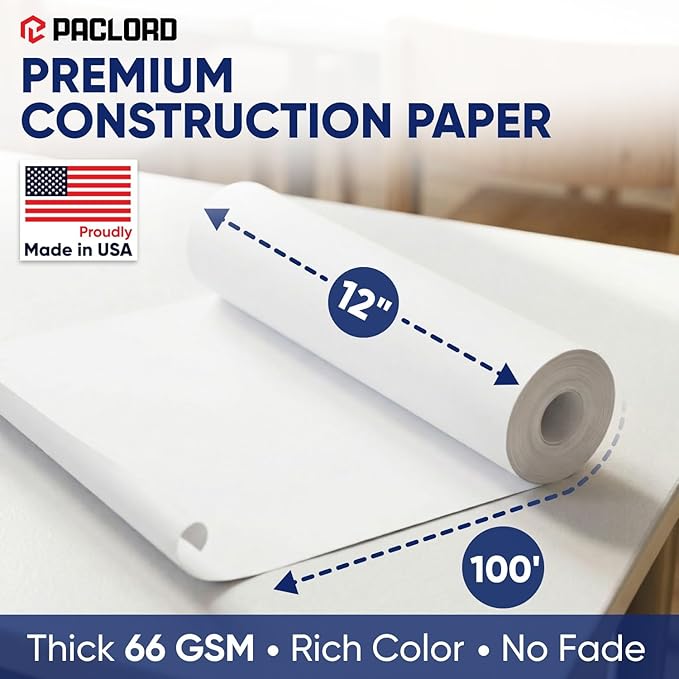 White Construction Paper Roll 12" x 100 ft – Made in USA – 12" Bulletin Board Paper for Classroom & School, Teachers & Kids