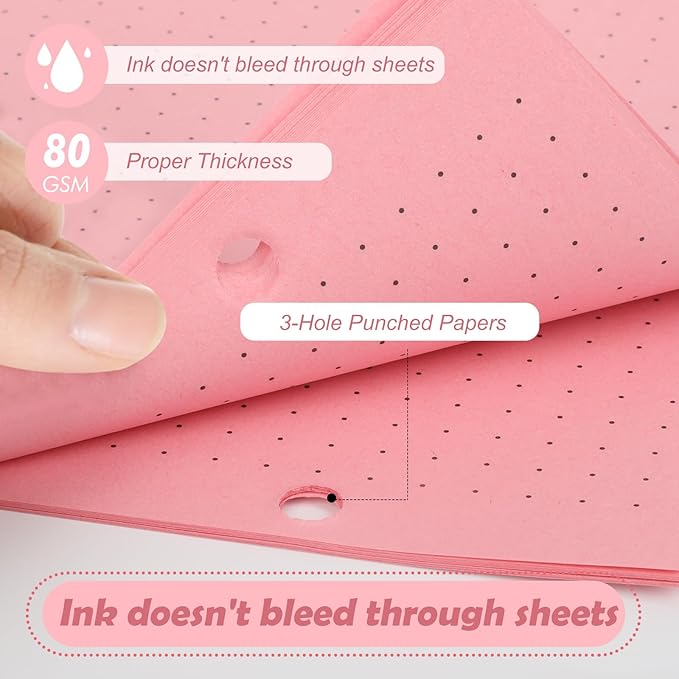 100 sheet Half Letter Dotted Refill Paper 3 Hole Punch 5-1/2 x 8-1/2 College Ruled Dot Grid Paper Refill Colored Mini Binder Paper Planner Inserts Fits Mini 3 Ring Binder Office