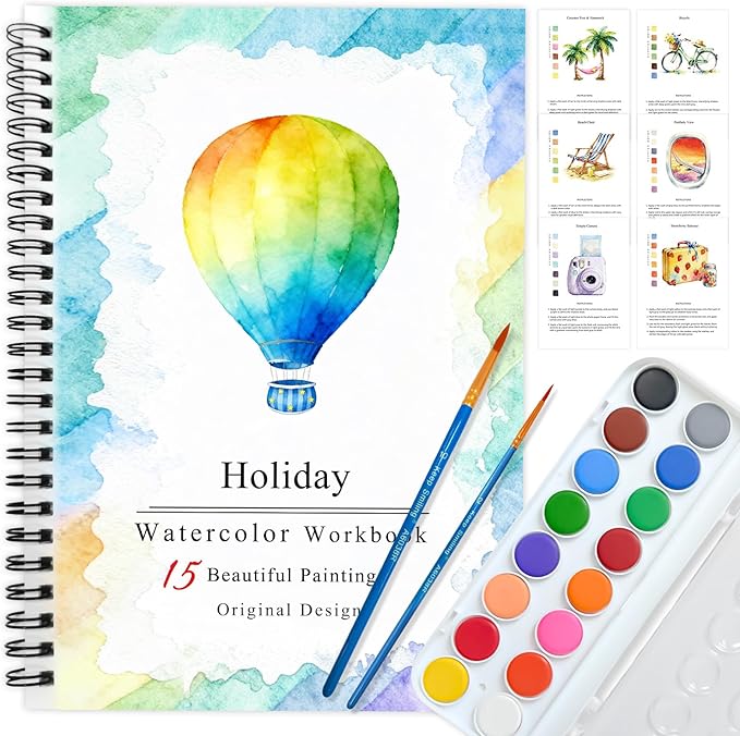 SLWBZ Watercolor Workbooks Coloring Book, Beginner Friendly Painting Kit, Detailed Steps, Creative Exploration Watercolor Book with Paint Set for Adults Teens (Holiday, with Paint)
