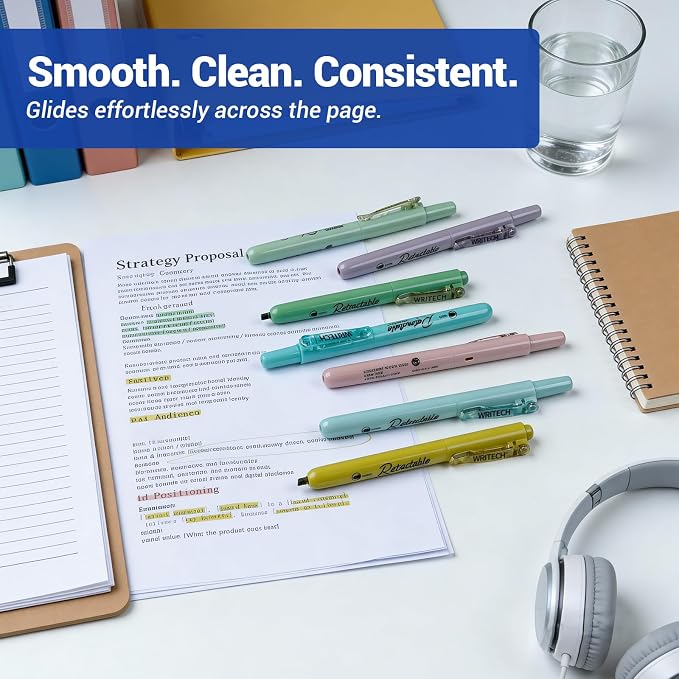 WRITECH Retractable Highlighters Assorted Colors: Chisel Tip Click Aesthetic Highlighter Marker Pens Pack Multi Colored Ink No Bleed Smear for Highlighting Journaling (12ct Neutral)