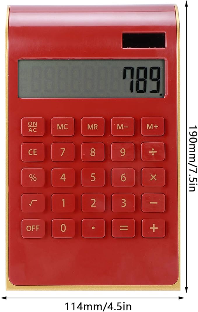Portable 10 Digits Calculator Tilted LCD Display Ultra Thin Solar Power Calculator for Home Office Business(Red)