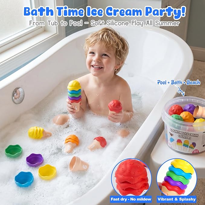 NEOROD Ice Cream Counting Toys for Toddlers 3-5 – Montessori Preschool Learning Set with 42 Scoops & 6 Cones | Color Sorting & Fine Motor Skills Stacker | Educational Math Game & Sensory Toys for Kids