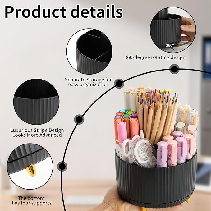Camelmother Pen Holder For Desk With 5 Slots 360°Rotating Pencil Holder Makeup Organiezr Teacher Supplies Office decor (black)